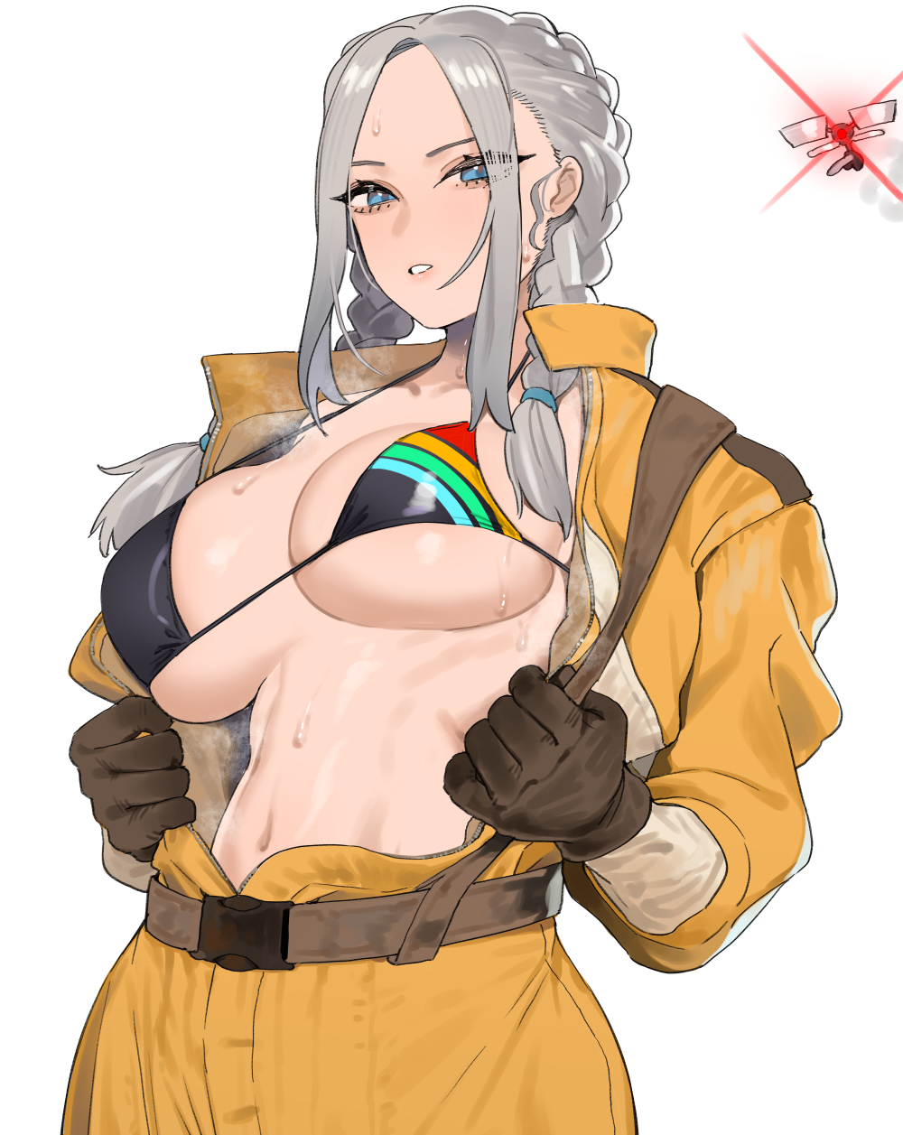 1girl arc_raiders beijuu bikini blue_eyes breasts brown_gloves chinese_commentary commentary_request drone gloves grey_hair highres large_breasts long_hair looking_at_viewer non-humanoid_robot robot simple_background solo string_bikini sweat swimsuit white_background