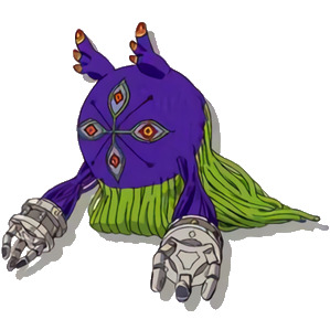 algomon algomon_adult antennae cable colored_sclera digimon digimon_(creature) extra_eyes lowres metal_gloves monster official_art simple_background solo tentacles white_background yellow_sclera