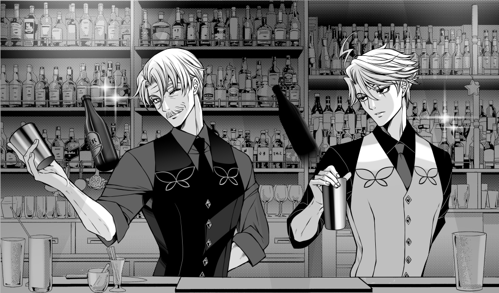 2boys ahoge anegobeya arm_behind_back bar_(place) bartender bottle cocktail_shaker cup drinking_glass facial_hair fate/grand_order fate_(series) greyscale james_moriarty_(archer)_(fate) james_moriarty_(gray_collar)_(fate) james_moriarty_(ruler)_(fate) male_focus monochrome multiple_boys mustache necktie one_eye_closed vest wine_glass