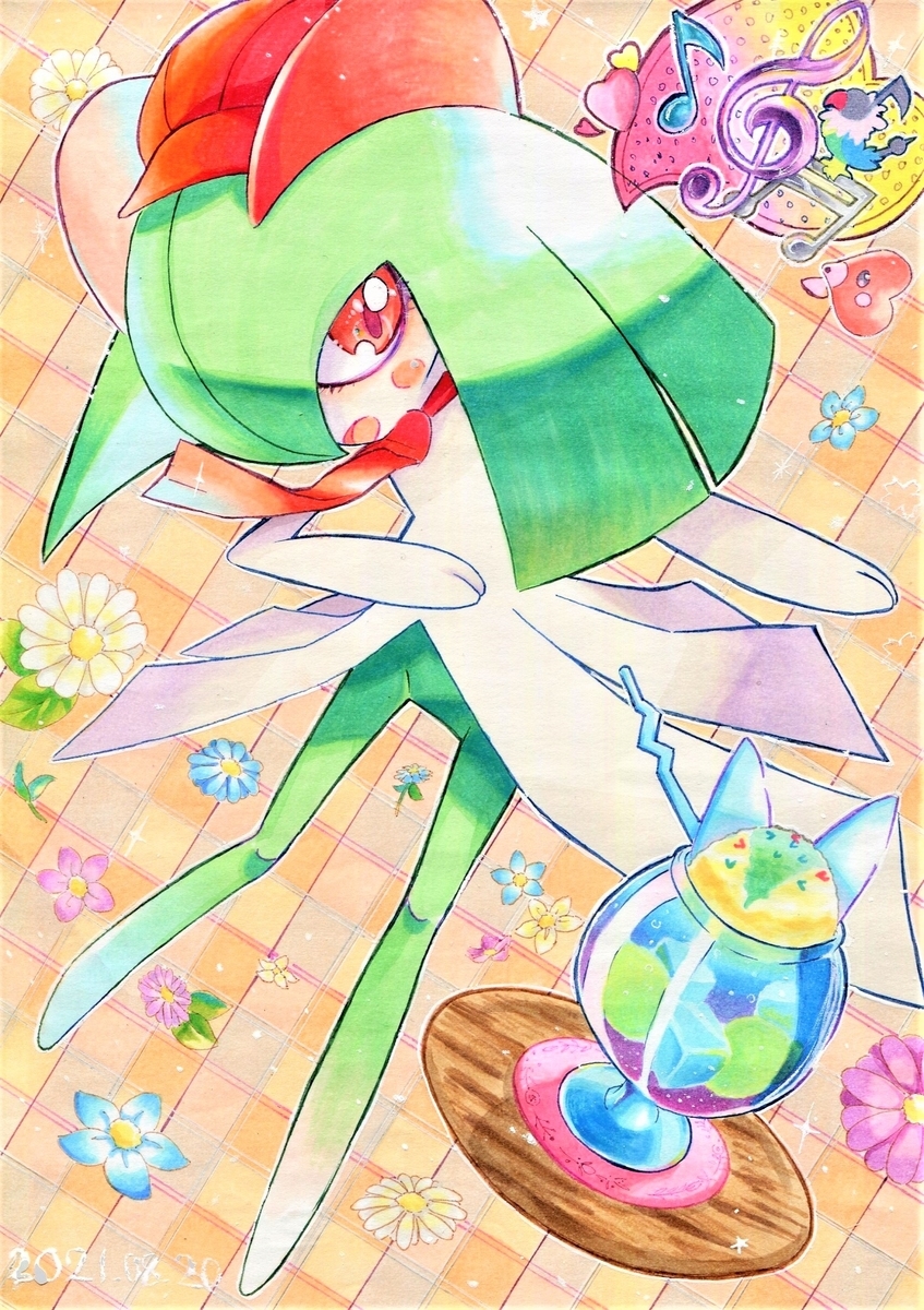 19naonesto95 newsboy_cap chatot colored_skin dated floral_background gen_3_pokemon gen_4_pokemon green_hair green_skin hair_over_one_eye hat highres horns kirlia looking_at_viewer luvdisc marker_(medium) multicolored_skin musical_note neckerchief nintendo pink_eyes pokemon pokemon_(creature) pokemon_cafe_remix red_hat red_neckerchief sidelocks traditional_media two-tone_skin white_skin