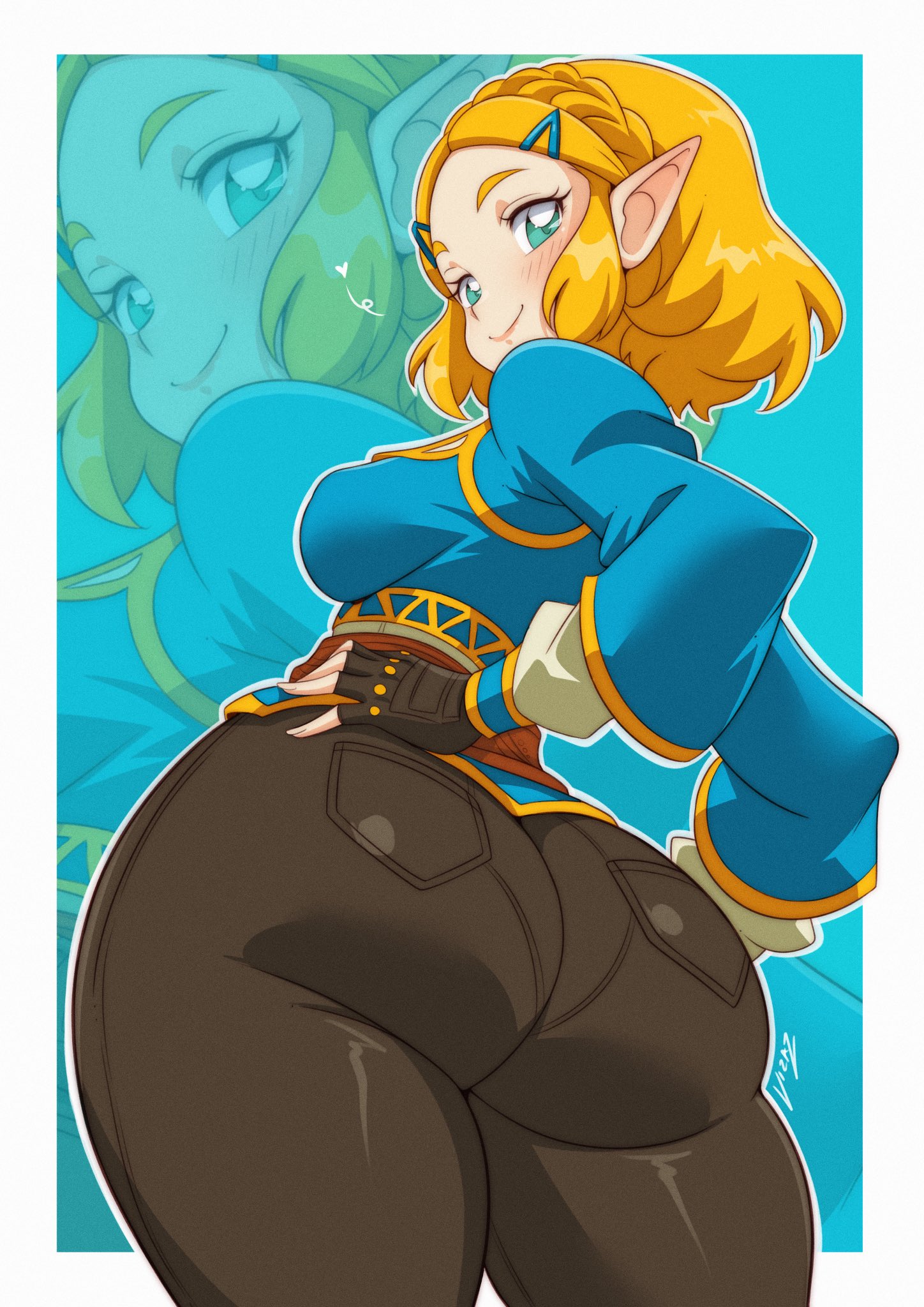 1girl ass ass_focus blonde_hair blush braid breasts crown_braid from_behind gloves green_eyes hair_ornament hairclip hand_on_own_hip highres huge_ass looking_at_viewer looking_back medium_breasts nintendo pointy_ears princess_zelda short_hair simple_background smile solo the_legend_of_zelda the_legend_of_zelda:_tears_of_the_kingdom thighs vizaz wide_hips