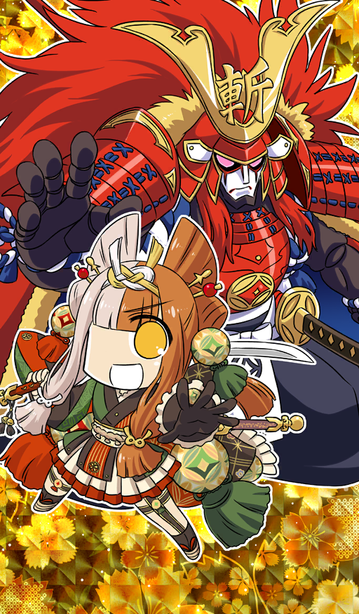 1boy 1girl :d armor black_hakama black_kimono black_skin blunt_bangs chibi chibi_only colored_skin commentary crest family_crest fate/grand_order fate_(series) floral_background frown green_kimono hair_ornament hakama helmet holding holding_sword holding_weapon izumo_no_okuni_(fate) japanese_armor japanese_clothes joints kabuki kabuto_(helmet) katana keikenchi kimono long_hair long_sidelocks low-tied_sidelocks multicolored_hair multicolored_kimono official_art open_mouth orange_background orange_eyes orange_hair outline outstretched_arm over_shoulder pink_eyes red_armor red_kimono robot robot_joints samurai sheath sheathed short_kimono shoulder_armor sidelocks size_difference smile sode solid_eyes sword tassel third-party_source two-tone_hair weapon weapon_over_shoulder white_hair white_outline white_skin zanzaburou_(fate)