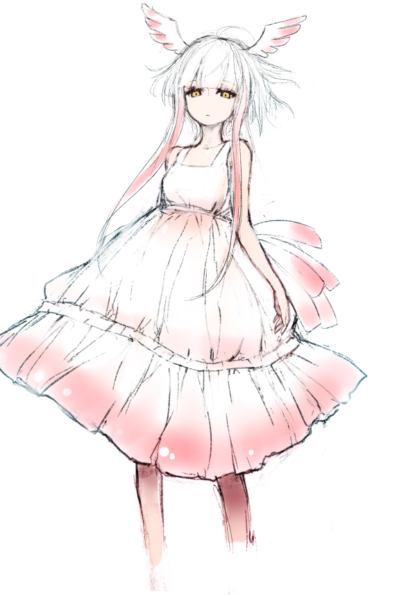 1girl bird_girl bird_tail bird_wings dress feathered_wings ise_(0425) japanese_crested_ibis_(kemono_friends) kemono_friends long_hair looking_at_viewer multicolored_hair red_hair simple_background sleeveless solo tail two-tone_hair white_background white_dress white_hair wings yellow_eyes