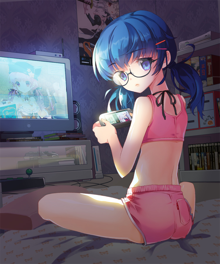 1girl blue_eyes blue_hair controller crop_top female_focus from_behind frown game_console game_controller glasses hair_ornament hairclip indoors looking_back matching_hair/eyes midriff mintchoco_(orange_shabette) moriah_saga official_art pillow poster_(object) room short_shorts short_twintails shorts sitting solo speaker television thighs twintails wii wireless xbox_360