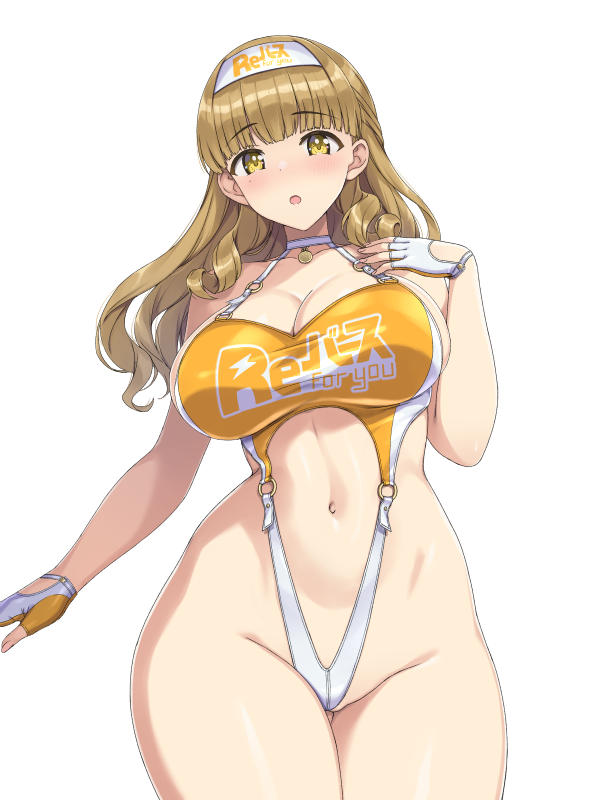 1girl :o ayato_utae bare_arms blunt_bangs blush breasts brown_hair cleavage collarbone commentary_request cowboy_shot dolphin_wave fingerless_gloves gloves highleg hina_(cassissoda) large_breasts long_hair looking_at_viewer navel o-ring open_mouth simple_background solo standing thick_thighs thighs wavy_hair white_background white_gloves wide_hips yellow_eyes