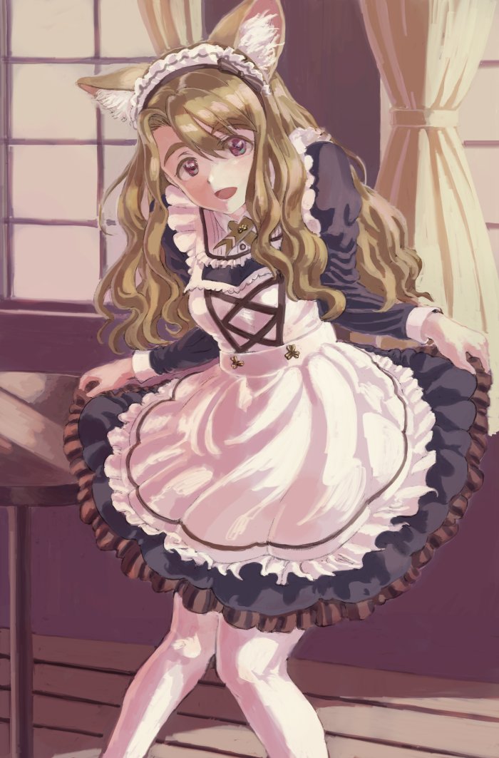 1girl :d animal_ear_fluff animal_ears apron black_dress bolo_tie breasts cat_ears clothes_lift collared_dress cross_tie curtains curtsey dress dress_lift frilled_apron frilled_dress frills hair_between_eyes idolmaster idolmaster_million_live! idolmaster_million_live!_theater_days indoors juliet_sleeves knees_together_feet_apart lifting_own_clothes long_hair long_sleeves looking_at_viewer maid_headdress miyao_miya open_mouth pantyhose pink_eyes puffy_sleeves skirt_hold small_breasts smile solo table tareme thick_eyebrows three_sisters_cafe_(idolmaster) vaison wavy_hair white_apron white_pantyhose window wooden_floor