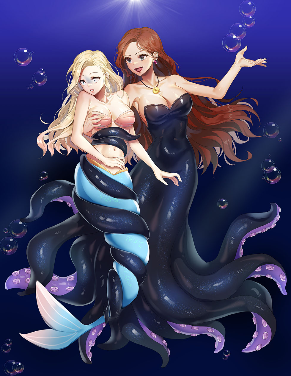 2girls :d air_bubble armpits bare_shoulders black_background blonde_hair blue_background blue_eyes blush bound breasts brown_hair bubble cleavage collarbone covered_navel dated_commentary earrings floating_hair full_body grabbing_another&#039;s_breast gradient_background groping highres jewelry k2h large_breasts light_rays lipstick long_hair looking_at_another makeup mermaid midriff monster_girl multiple_girls navel necklace open_mouth original parted_bangs parted_lips red_lips restrained scylla shell shell_bikini shell_earrings shell_necklace sidelocks smile split_tail strapless suction_cups teeth tentacles the_little_mermaid_(disney) turn_pale underwater ursula_(disney) vanessa_(disney)