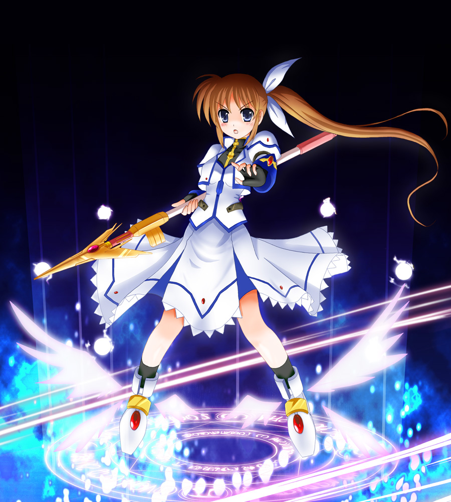 00s 10s 1girl :o blush brown_hair character_name copyright_name dress energy_ball female_focus fingerless_gloves flipper gloves glowing jacket long_hair lyrical_nanoha magazine_(weapon) magic_circle magical_girl mahou_shoujo_lyrical_nanoha_strikers mahou_shoujo_lyrical_nanoha_vivid open_clothes open_jacket orange_hair purple_eyes raising_heart raising_heart_(exceed_mode) red_hair revision shoes side_ponytail solo staff standing standing_on_magic_circle takamachi_nanoha takamachi_nanoha_(exceed_mode) winged_footwear wings