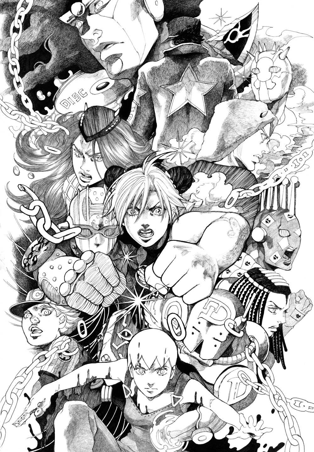 3girls 4boys baseball_cap baseball_uniform bud_(korovsme) chain clenched_hand cloud diver_down_(stand) double_bun dreadlocks emporio_alnino ermes_costello foo_fighters_(jojo) foo_fighters_(stand) graphite_(medium) greyscale hair_bun hat highres jojo_no_kimyou_na_bouken kiss_(stand) kuujou_jolyne kuujou_joutarou long_hair millipen_(medium) monochrome multicolored_hair multiple_boys multiple_girls narciso_anasui overalls pen_(medium) punching short_hair sportswear stand_(jojo) star_platinum stone_free stone_ocean sunglasses traditional_media two-tone_hair weather_report weather_report_(stand)