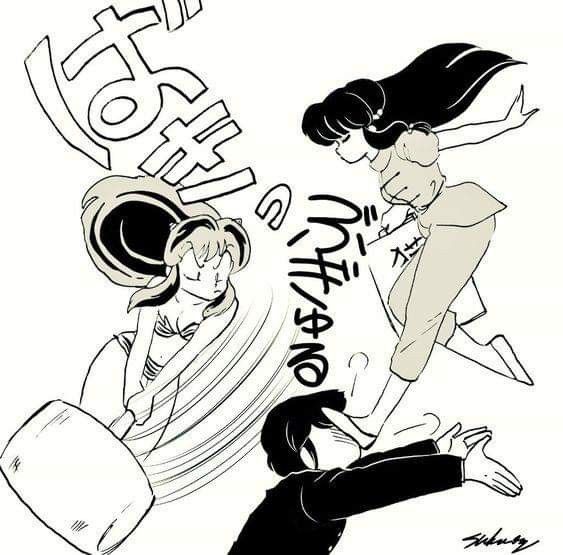 1boy 2girls chinese_clothes double_bun hair_bun long_hair lum monochrome moroboshi_ataru multiple_girls ranma_1/2 shampoo_(ranma_1/2) sidelocks urusei_yatsura