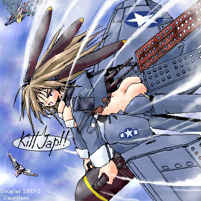 1girl a6m_zero aircraft airplane angry ass bomb bomber breasts character_name cloud english_text engrish_text explosive female_focus flying large_breasts lowres mecha_musume military military_vehicle no_panties oekaki ranguage sbd sbd-3 sbd_dauntless sky solo world_war_ii yone88 yonezuka_ryou