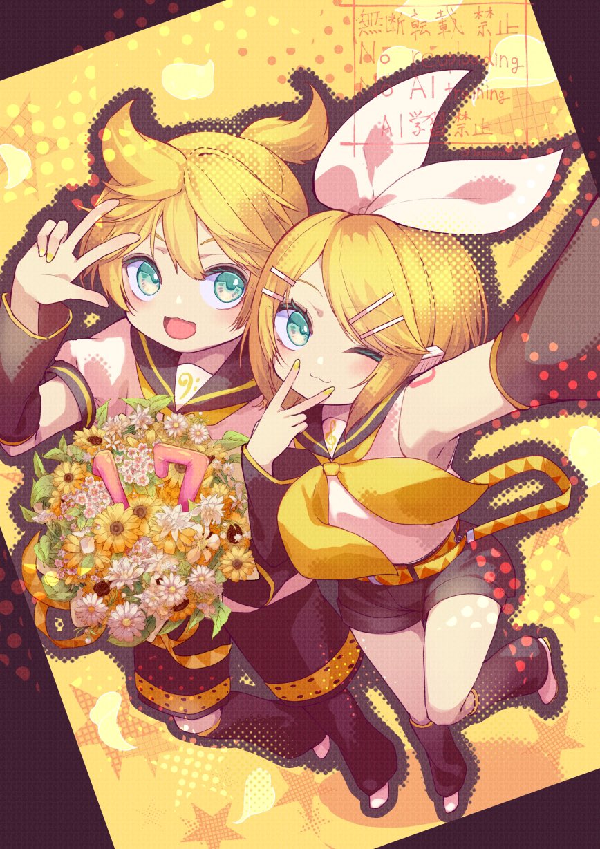 1boy 1girl ;3 anniversary arm_tattoo armpits belt black_pants black_sailor_collar black_shorts blonde_hair bouquet bow brown_outline commentary_request daisy flower foot_up full_body green_eyes hair_bow hair_ornament hairclip harusamesyota highres holding holding_bouquet kagamine_len kagamine_rin neckerchief number_tattoo one_eye_closed open_mouth outline pants ponytail sailor_collar short_ponytail shorts star_(symbol) sunflower tattoo tongue v vocaloid w watermark white_bow white_flower white_footwear yellow_belt yellow_flower yellow_neckerchief yellow_theme