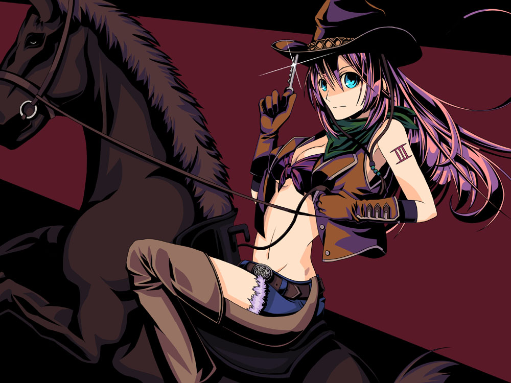 1girl aikagi_gunman_to_aikagi_ninja_(vocaloid) belt belt_buckle bikini bikini_top_only blue_eyes boots breasts buckle chaps cleavage cowboy_hat cowboy_western denim denim_shorts female_focus gloves hat high_contrast horse horseback_riding key long_hair medium_breasts megurine_luka midriff pink_hair rearing riding scarf shirousagi_una shorts solo swimsuit tattoo thigh_boots thighhighs underboob vest vocaloid