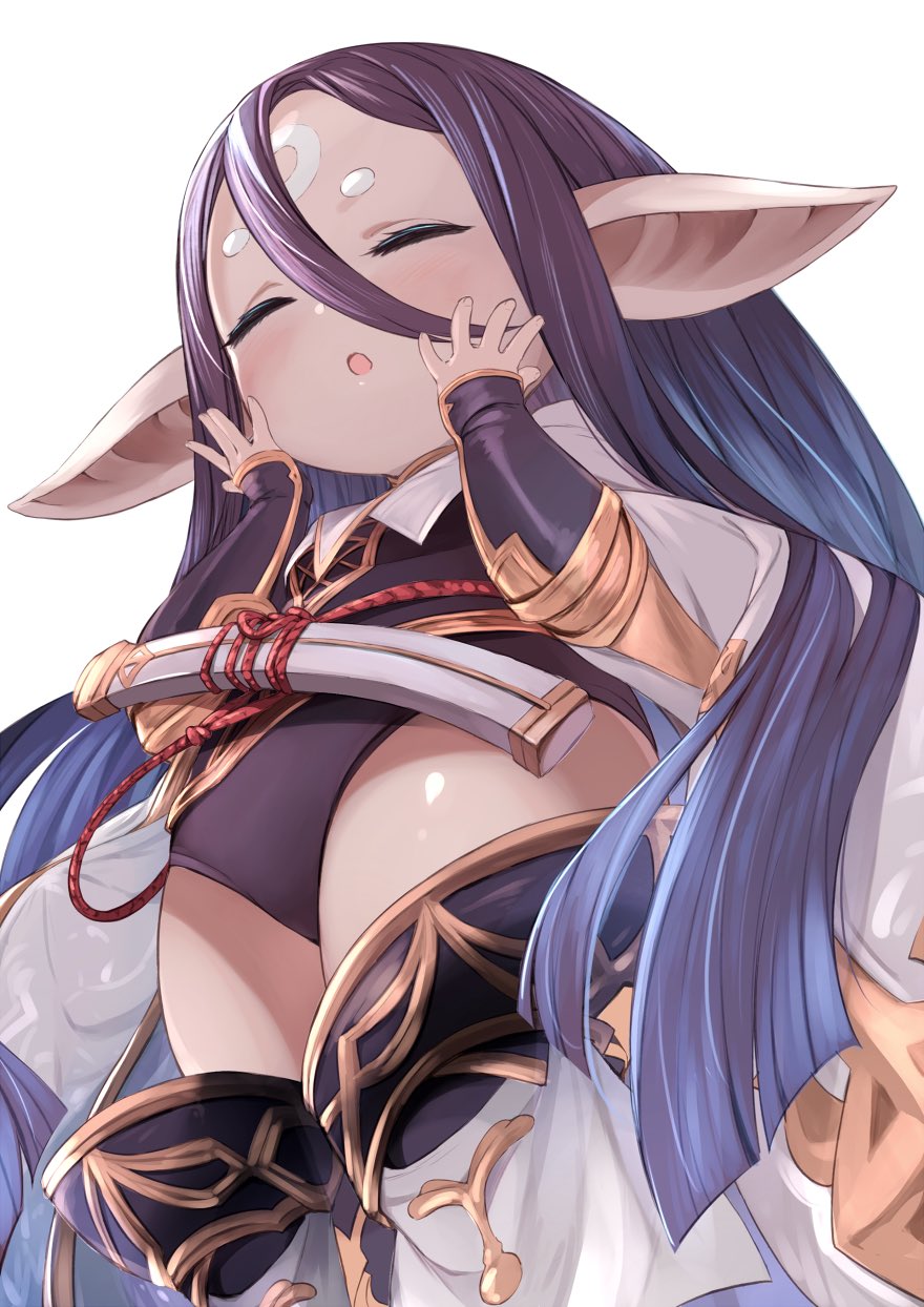 absurdly_long_hair black_hair cloud granblue_fantasy hands_on_own_cheeks hands_on_own_face harvin highres iwao_(pixiv258710) long_hair midget open_mouth pointy_ears rei_(granblue_fantasy) shiny_skin sidelocks solo thighs very_long_hair
