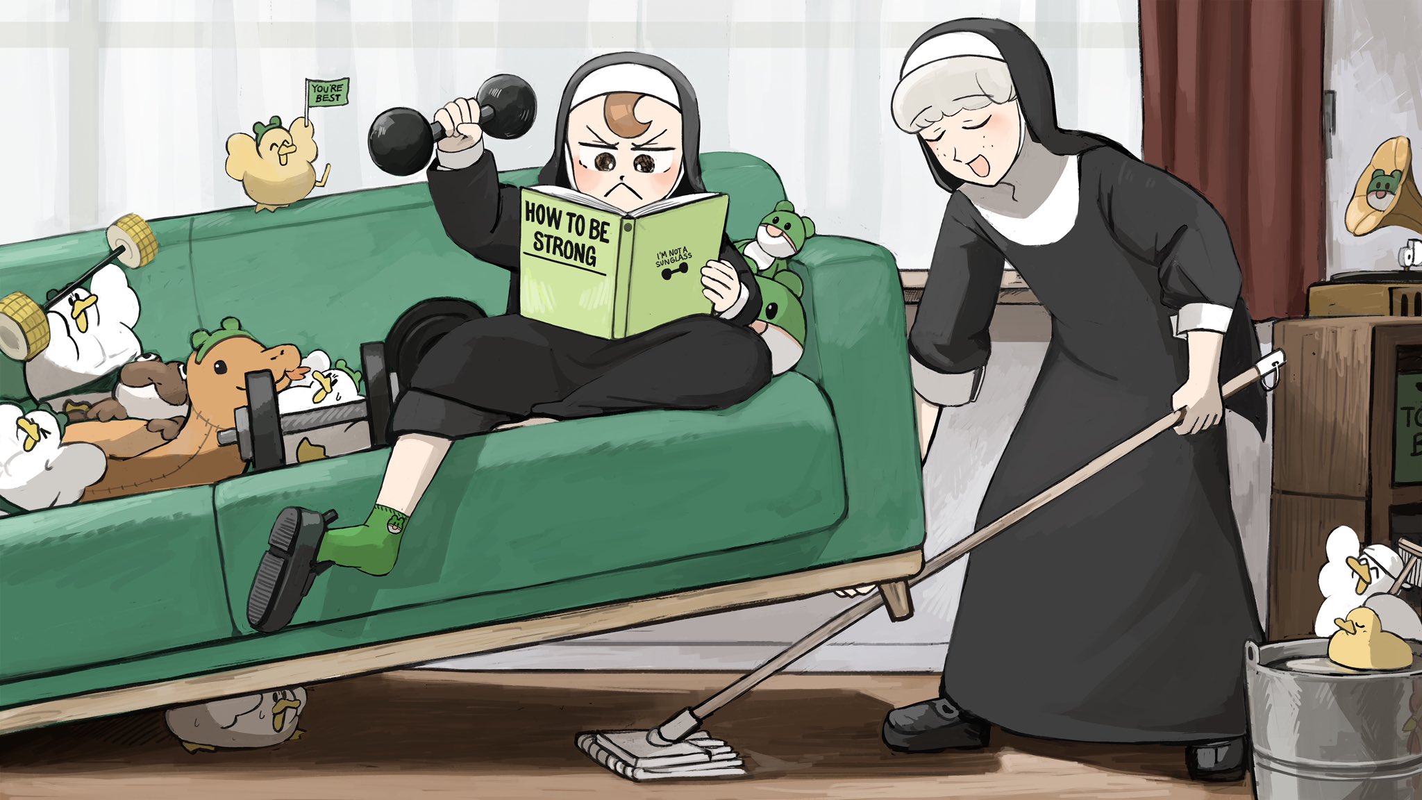 2girls :< :d bird black_footwear book brown_eyes brown_hair bucket chicken cleaning closed_eyes commentary couch diva_(hyxpk) duck duckling dumbbell english_commentary freckles frog_headband froggy_nun_(diva) green_socks grey_hair habit highres little_nuns_(diva) multiple_girls nun open_mouth phonograph reading sheep_nun_(diva) slice_of_life smile socks stuffed_animal stuffed_frog stuffed_snake stuffed_toy traditional_nun