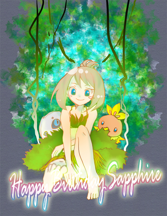 1girl aron artist_request bare_arms bare_shoulders barefoot between_legs blue_eyes blush_stickers brown_hair child collarbone convenient_arm eyelashes feet female_focus flat_chest full_body game_freak gen_3_pokemon hand_between_legs happy happy_birthday high_ponytail jungle knee_up leaf_bikini leaf_skirt looking_at_viewer may_(pokemon) medium_hair nature neck nintendo no_panties odamaki_sapphire outdoors outstretched_leg pokemon pokemon_adventures ponytail short_ponytail sidelocks size_difference smile soles swept_bangs toes torchic