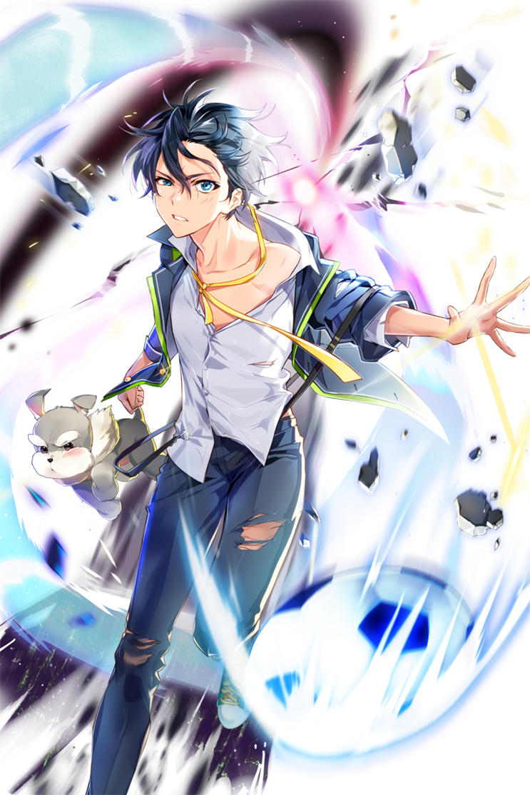 1boy ball black_hair blue_eyes choi_(soccer_spirits) clenched_hand dirty dirty_face dog hair_between_eyes image_sample jacket male_focus naver_sample off_shoulder pants shoes sneakers soccer_ball soccer_spirits solo standing torn_clothes transparent_background tuuuh yellow_neckwear