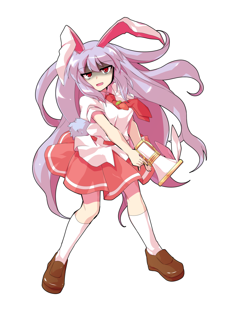 1girl animal_ears brown_shoes carrot_pin collared_shirt commentary_request commission dairi full_body half-closed_eyes highres holding holding_megaphone kneehighs large_variant_set loafers long_hair megaphone necktie open_mouth pink_hair rabbit_ears rabbit_tail red_eyes red_necktie red_skirt reisen_udongein_inaba shaded_face shirt shoes short_sleeves simple_background skeb_commission skirt socks solo standing tachi-e tail touhou transparent_background unamused variant_set very_long_hair white_shirt white_socks