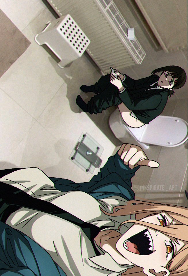 2girls :d artist_name bathroom bathroom_scale black_eyes black_necktie black_pants black_suit bright_pupils brown_hair chainsaw_man clothes_pull commentary english_commentary formal_clothes hair_ornament hairclip hand_up higashiyama_kobeni inkspirate looking_at_viewer loose_necktie multiple_girls necktie open_mouth pants pants_pull parted_lips photo_background power_(chainsaw_man) selfie sharp_teeth shirt sideways sitting smile stool suit teeth thumbs_up tile_floor tiles toilet toilet_use twitter_username twitter_x_logo weighing_scale white_pupils white_shirt
