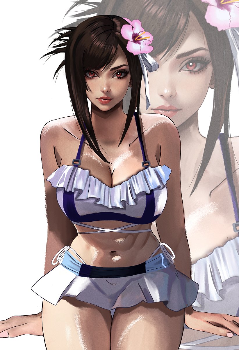 1girl bare_legs bikini bikini_skirt breasts brown_hair final_fantasy_vii final_fantasy_vii_rebirth final_fantasy_vii_remake fingernails flower frilled_bikini frilled_bikini_top frills hair_flower hair_ornament highres kittymiya large_breasts looking_at_viewer midriff navel official_alternate_costume panty_straps red_eyes red_lips sitting solo swimsuit tifa_lockhart tifa_lockhart_(shining_spirit) white_swimsuit