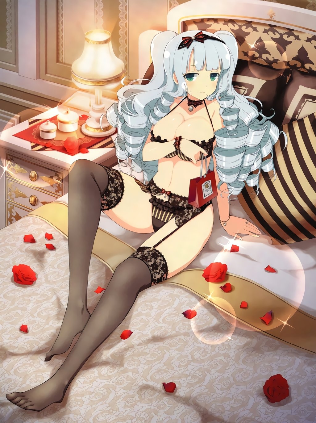 1girl bag bare_hips bare_shoulders bed bed_invitation black_panties bra breasts cleavage covering_privates covering_breasts drill_hair feet feet_together flower garter_belt garter_straps ginrei_(senran_kagura) green_eyes hair_ribbon highres jewelry knee_up knees legs lingerie long_hair long_legs looking_at_viewer necklace on_bed panties petals pillow revealing_clothes ribbon rose rose_petals senran_kagura sexually_suggestive shopping_bag silver_hair sitting smile spread_legs thighhighs thighs toes underwear valentine
