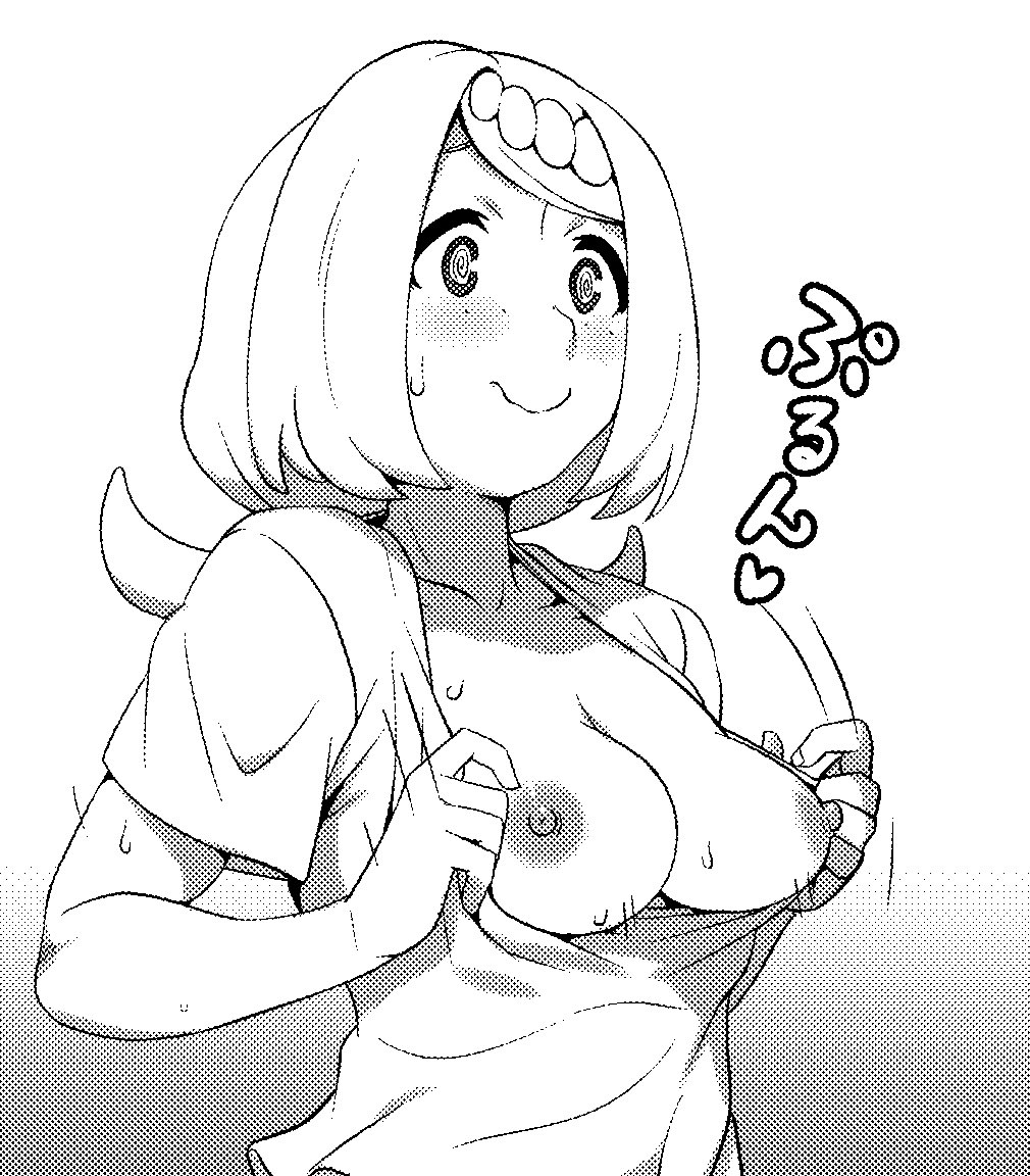 1girl blush breasts breasts_out bright_pupils clothes_pull collarbone ero_kaeru freckles greyscale lana&#039;s_mother_(pokemon) large_breasts long_hair low_ponytail mature_female monochrome nintendo nipples no_bra no_sclera pokemon pokemon_(anime) pokemon_sm_(anime) ponytail pulling_own_clothes scoop_neck shirt_pull smile solo split_ponytail white_pupils