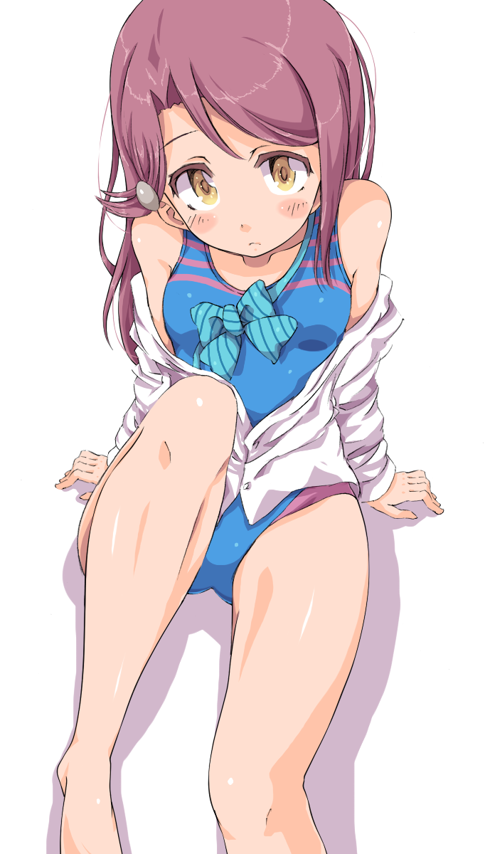 1girl bad_tag blush competition_school_swimsuit competition_swimsuit hair_ornament hairpin highres jewelry long_hair love_live! love_live!_(series) love_live!_school_idol_project love_live!_sunshine!! one-piece_swimsuit otonokizaka_school_uniform red_hair ribbon sakurauchi_riko school_swimsuit sen_(pixiv_1353053) swimsuit undressing yellow_eyes