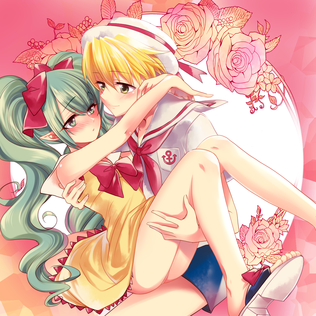 00s 1boy 1girl blonde_hair carrying couple dress eye_contact gradient_background green_eyes green_hair hat hetero hippo_(mermaid_melody_pichi_pichi_pitch) looking_at_another mermaid_melody_pichi_pichi_pitch princess_carry short_hair shorts yuuri_(mermaid_melody_pichi_pichi_pitch) zi_jing