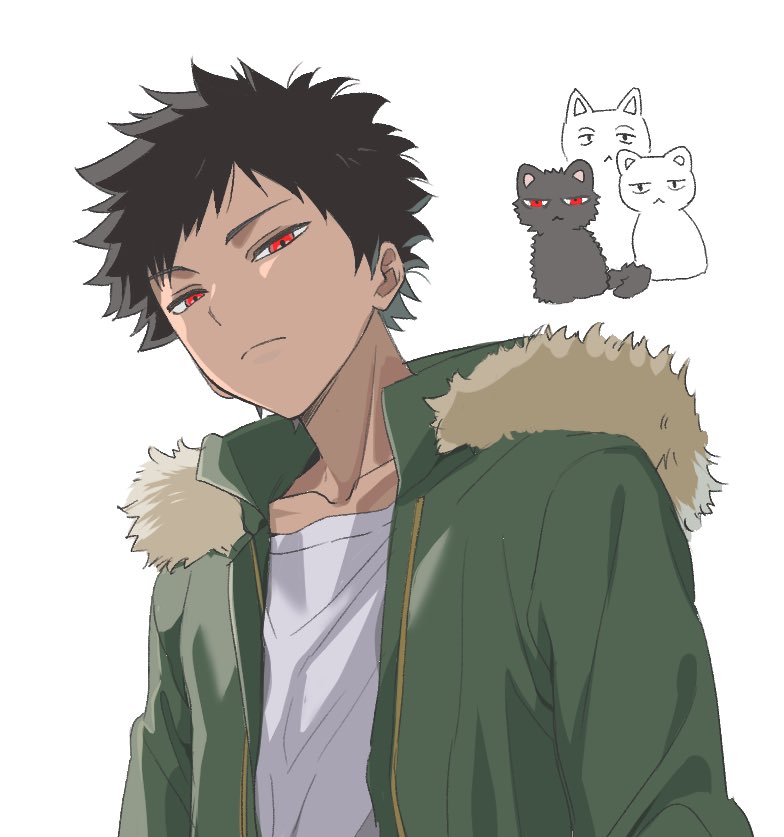 1boy animal black_hair cat closed_mouth collarbone green_jacket jacket kazama_souya looking_at_viewer male_focus nocchan_chicchi red_eyes shirt simple_background solo_focus upper_body white_background white_shirt world_trigger