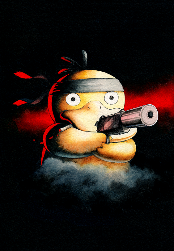 bandana beak black_background black_eyes cigarette commentary cosplay english_commentary gen_1_pokemon gun holding holding_gun holding_weapon metal_gear_(series) nintendo no_humans oliver_hamlin parody pokemon pokemon_(creature) psyduck smoking solid_snake solid_snake_(cosplay) suppressor weapon