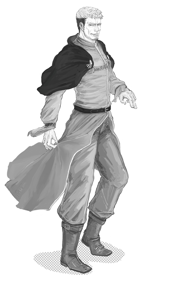 1boy beard belt boots capelet closed_mouth facial_hair full_body goenitz long_sleeves looking_at_viewer male_focus molem monochrome pants short_hair sideburns simple_background solo the_king_of_fighters