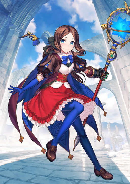 1girl asymmetrical_gloves black_bow blue_background blue_bow blue_bowtie blue_cape blue_eyes blue_gloves blue_pantyhose bow bowtie breasts brown_shoes cape closed_mouth collar dress fate/grand_order fate_(series) frilled_collar frilled_dress frills full_body game_cg gauntlets gloves hair_bow holding holding_staff leg_up leonardo_da_vinci_(fate) leonardo_da_vinci_(fate/grand_order) leonardo_da_vinci_(rider)_(fate) leonardo_da_vinci_(rider)_(first_ascension)_(fate) loafers long_hair looking_at_viewer low_ponytail mismatched_gloves multicolored_dress non-humanoid_robot official_art outstretched_arms pantyhose parted_bangs ponytail puff_and_slash_sleeves puffy_short_sleeves puffy_sleeves red_cape red_dress red_sash robot robot_animal robot_bird sash shoes short_dress short_sleeves sidelocks simosi single_gauntlet small_breasts smile solo staff standing standing_on_one_leg third-party_source two-sided_cape two-sided_fabric variant_set