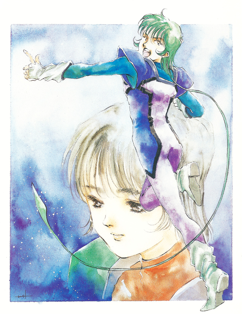 1980s_(style) 1boy 1girl boots choujikuu_seiki_orguss emaan fingerless_gloves gloves green_hair highres light_brown_hair mikimoto_haruhiko mimsy_raas oldschool orguss painting_(medium) pointing pointing_forward prehensile_hair retro_artstyle sad scan science_fiction signature sley_(orguss) star_(symbol) star_symbol_background traditional_media uniform watercolor_(medium)