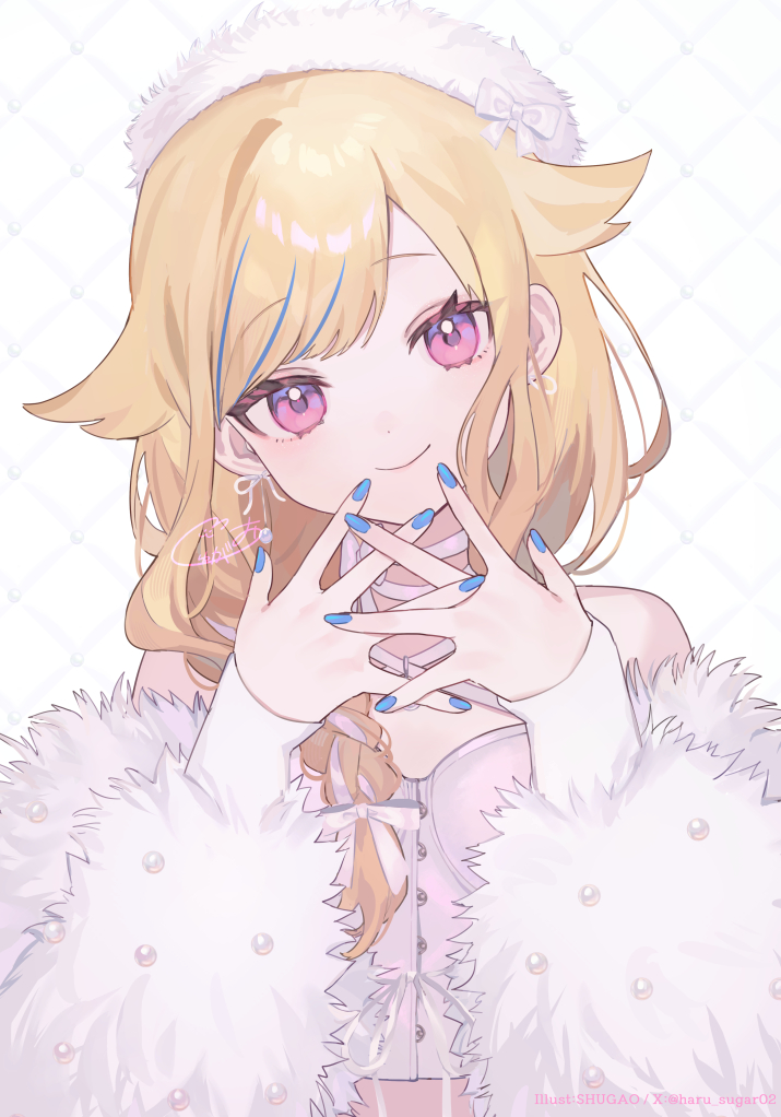 1girl animal_ears artist_name blonde_hair blue_hair blue_nails bow braid buttons closed_mouth ear_ribbon earrings fingernails fur_hat fur_jacket gem grid_background hair_flaps hair_over_shoulder hashtag-only_commentary hat hat_bow head_tilt himehina_channel jacket jewelry light_blush long_hair long_sleeves multicolored_hair nail_polish own_hands_together pearl_(gemstone) purple_eyes shugao single_braid smile strapless streaked_hair suzuki_hina tube_top twitter_username two-tone_hair virtual_youtuber watermark white_bow white_hat white_jacket white_tube_top