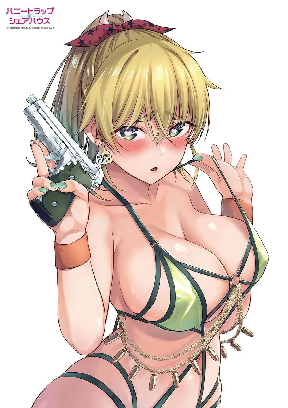1girl aroused artist_name barcode bikini blonde_hair blush breasts bullet chain cleavage copyright_logo covered_erect_nipples criss-cross_strings earrings gold_chain green_eyes green_nails gun hair_ribbon handgun heart heart-shaped_pupils highres holding holding_gun holding_weapon honey_trap_shared_house jewelry kouzuki_kouichi large_breasts maria_rockwell medium_hair micro_bikini nail_polish o-ring official_art parted_lips ponytail raised_inner_eyebrows ribbon simple_background single_earring solo strap_gap strap_pull string_bikini swimsuit symbol-shaped_pupils thick_eyebrows third-party_source variant_set w_arms weapon white_background wristband