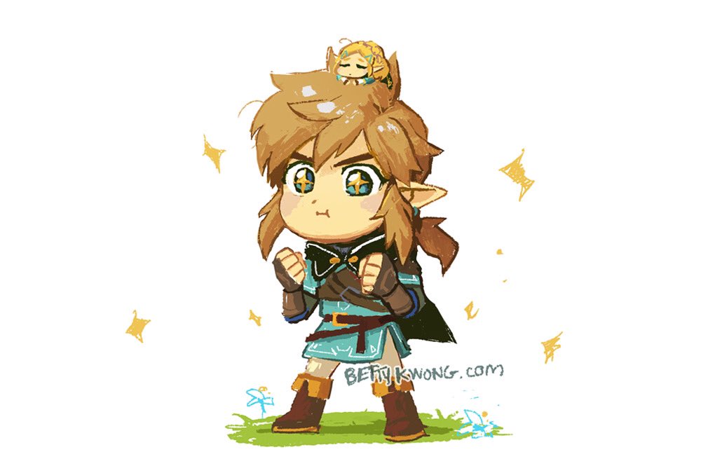 1boy 1girl :i bettykwong blonde_hair blue_eyes blue_shirt boots chibi clenched_hands fingerless_gloves gloves link nintendo pointy_ears ponytail princess_zelda shirt sidelocks sitting sitting_on_head sitting_on_person size_difference sparkling_eyes the_legend_of_zelda the_legend_of_zelda:_breath_of_the_wild