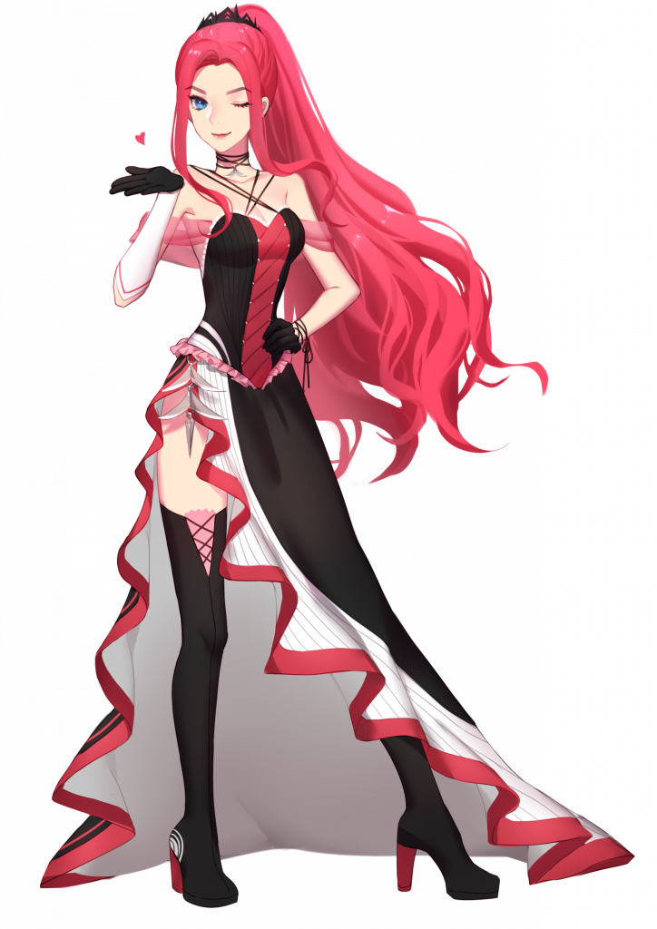 1girl blue_eyes breasts character_request cleavage_cutout clothing_cutout copyright_request gloves high_heels high_ponytail leora long_hair medium_breasts official_art ponytail red_gloves red_hair saphirya very_long_hair voxwave