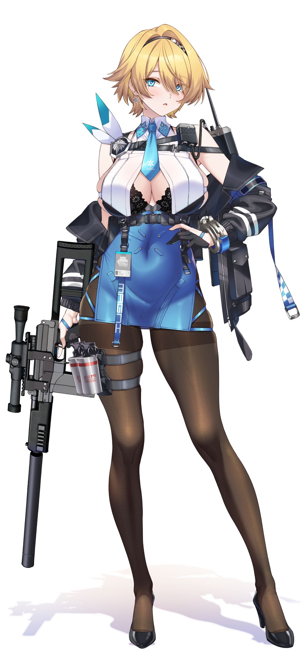 1girl black_gloves black_pantyhose black_shoes blonde_hair blue_eyes blue_necktie blue_skirt breasts covered_navel full_body girls&#039;_frontline gloves gun half_gloves hand_on_own_hip high_heels highres holding holding_gun holding_weapon knees large_breasts looking_at_viewer mole mole_under_eye necktie pantyhose pencil_skirt pouch shirokuma_a shoes short_hair simple_background skirt solo standing tear_gas vsk-94 vsk-94_(girls&#039;_frontline) walkie-talkie weapon white_background
