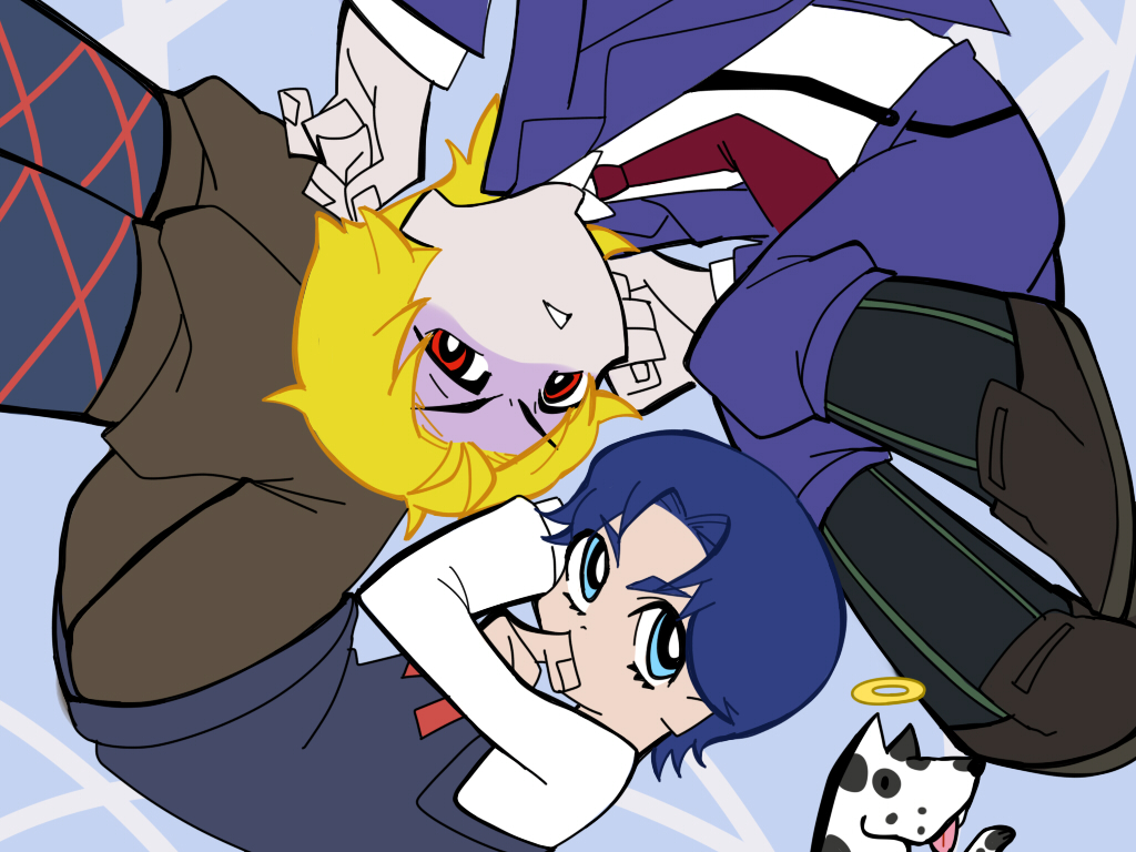 2boys blonde_hair blue_eyes blue_hair danny_(jojo) dio_brando dog halo jojo_no_kimyou_na_bouken jonathan_joestar male_focus multiple_boys panty_&amp;_stocking_with_garterbelt parody red_eyes style_parody sweater_vest ukihashi aged_down