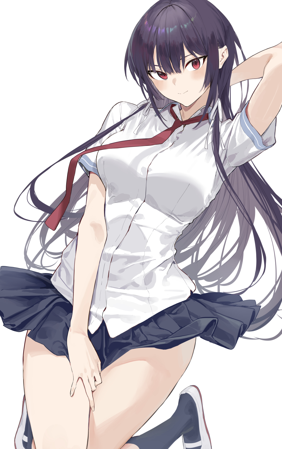 1girl arm_behind_back black_hair black_skirt black_socks breasts closed_mouth commentary_request haite_kudasai_takamine-san highres hiiragi_yuuichi large_breasts long_hair looking_at_viewer necktie pleated_skirt red_eyes red_necktie school_uniform shirt shoes short_sleeves simple_background skirt socks solo summer_uniform takamine_takane thighs uwabaki white_background white_shirt