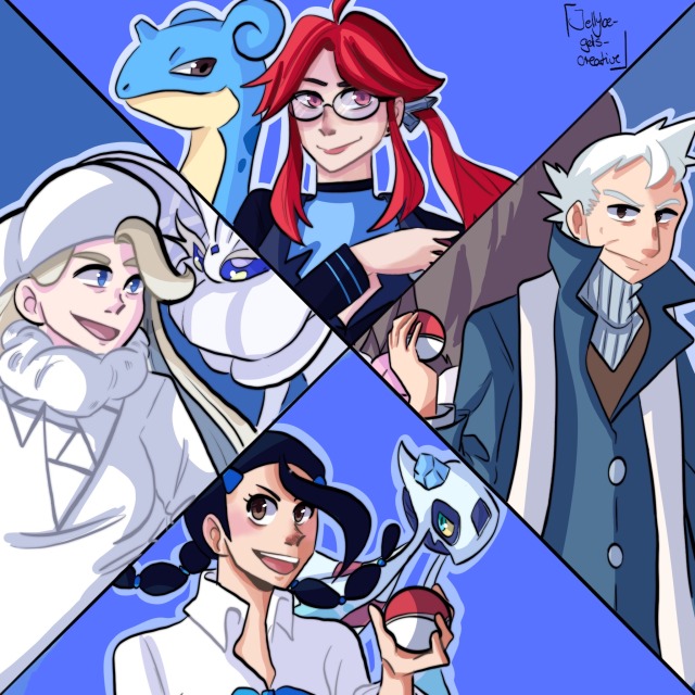 1boy 3girls black_hair candice_(pokemon) froslass frosmoth gen_1_pokemon gen_2_pokemon gen_4_pokemon gen_8_pokemon glasses hat jacket jellybe lapras long_sleeves lorelei_(pokemon) melony_(pokemon) multiple_girls nintendo old old_man piloswine poke_ball pokemon pokemon_dppt pokemon_hgss pokemon_lgpe pokemon_swsh ponytail pryce_(pokemon) red_hair white_hair