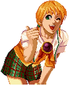 1girl blonde_hair brooch female_focus green_eyes happy jewelry leaning_forward lowres m.u.g.e.n miniskirt mouki one_eye_closed open_mouth pixel_art plaid_clothes plaid_skirt school_uniform shinzaki_maria short_hair simple_background skirt smile solo the_king_of_fighters the_king_of_fighters_2003 thumbs_up white_background wink