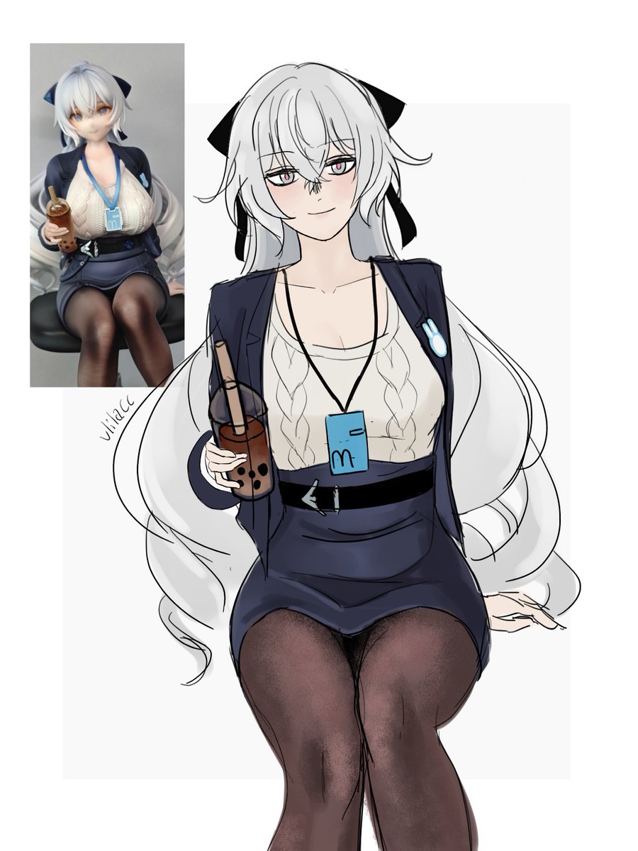 1girl aran_sweater belt black_belt black_jacket black_ribbon blue_skirt bronya_zaychik bronya_zaychik_(outstanding_attitude) bronya_zaychik_(silverwing:_n-ex) brown_pantyhose bubble_tea cable_knit collarbone cup disposable_cup drinking_straw feet_out_of_frame grey_background grey_eyes grey_hair hair_ribbon highres holding holding_cup honkai_(series) honkai_impact_3rd jacket lanyard long_hair looking_at_viewer miniskirt multiple_views open_clothes open_jacket pantyhose pencil_skirt ribbon sitting skirt smile sweater very_long_hair vlilacc white_sweater