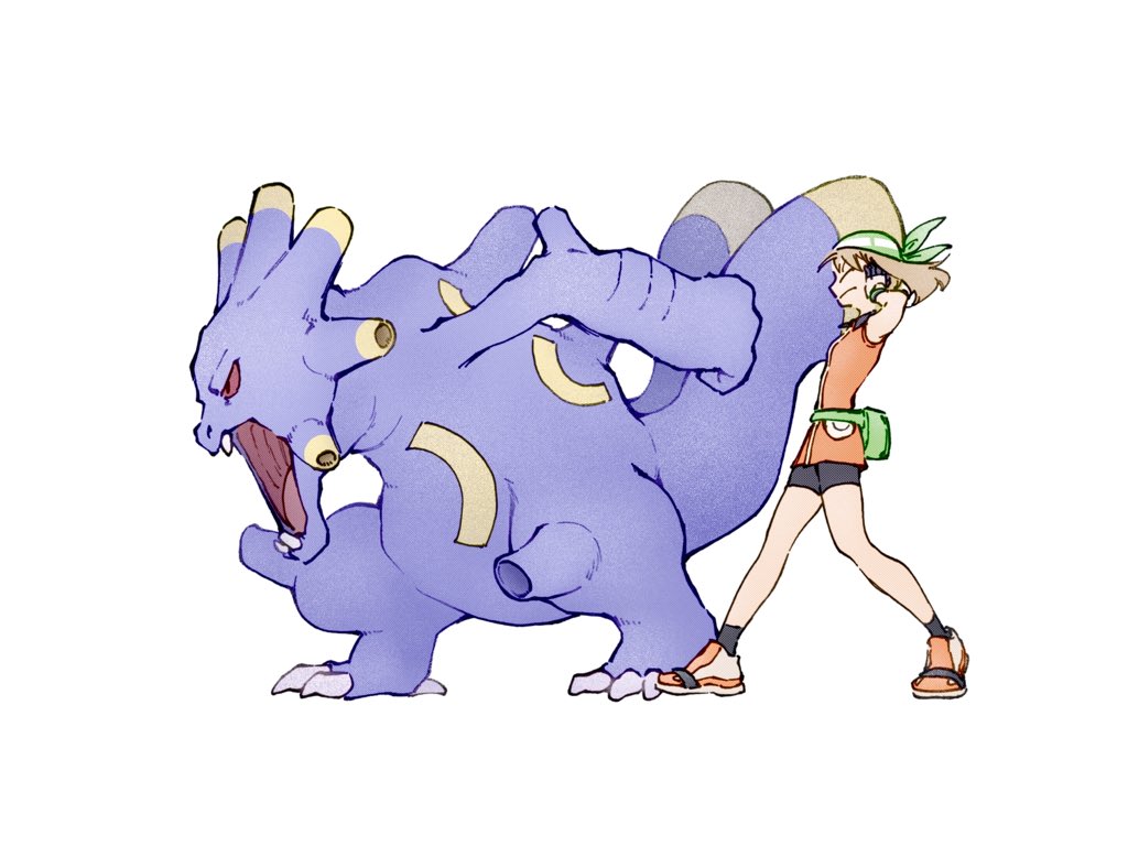 1girl bandana bike_shorts black_shorts black_socks brown_hair closed_eyes closed_mouth covering_own_ears creatures_(company) exploud fanny_pack from_side full_body game_freak gen_3_pokemon gloves green_bandana may_(pokemon) nintendo orange_shirt pokemon pokemon_(creature) pokemon_emerald pokemon_rse shirt shoes shorts sleeveless sleeveless_shirt socks tan_carbonnn white_background