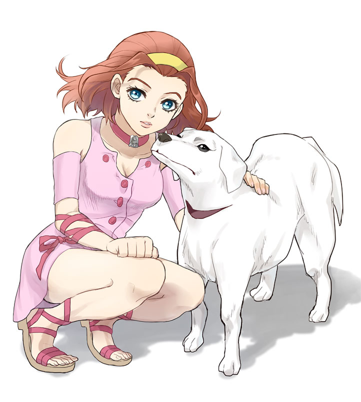 1girl arm_ribbon arm_strap arnold_(jojo) blue_eyes breasts brown_hair choker cleavage collarbone diamond_wa_kudakenai dog dress floating_hair hairband jojo_no_kimyou_na_bouken looking_at_viewer mechakucha medium_breasts medium_hair parted_lips pink_choker pink_dress red_ribbon ribbon simple_background sleeveless sleeveless_dress solo squatting sugimoto_reimi white_background yellow_hairband