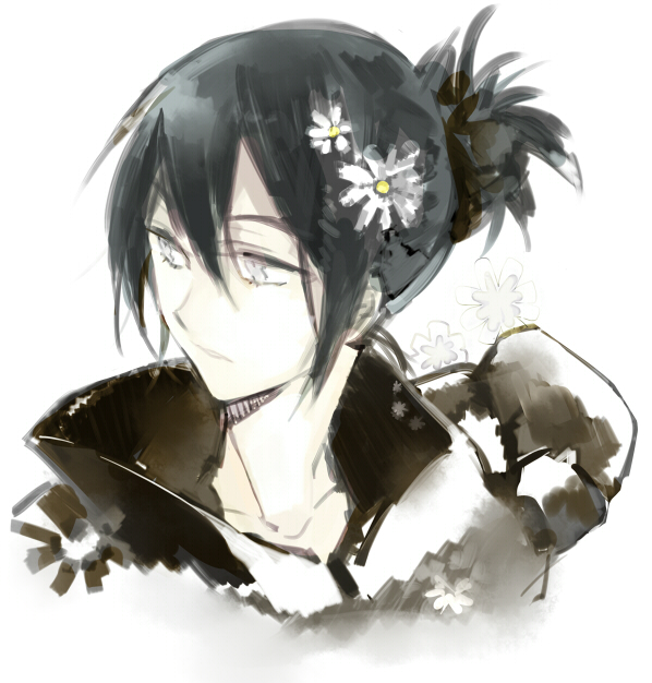 1boy black_hair black_jacket collarbone collared_jacket commentary_request cropped_torso daisy expressionless eyelashes flower grey_eyes hair_between_eyes hair_flower hair_ornament high_collar jacket looking_to_the_side nezumi_(no.6) no.6 parted_lips ponytail short_hair short_ponytail simple_background solo suou_(sdurorhr) white_background white_flower zipper