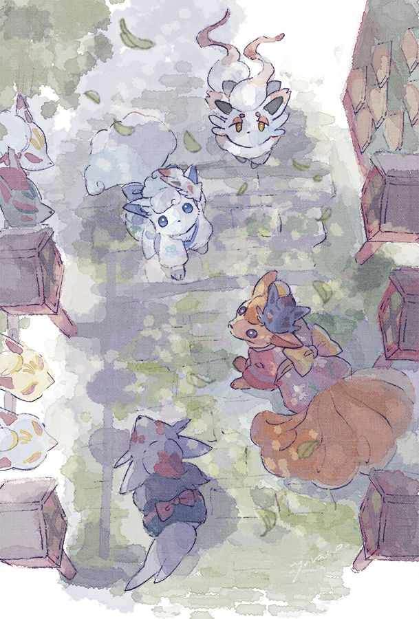 alolan_form alolan_vulpix black_fur from_above gen_1_pokemon gen_5_pokemon gen_7_pokemon hisuian_zorua nintendo no_humans orange_fur outdoors pokemon pokemon_(creature) red_fur two-tone_fur vulpix white_fur yurano_(upao) zorua