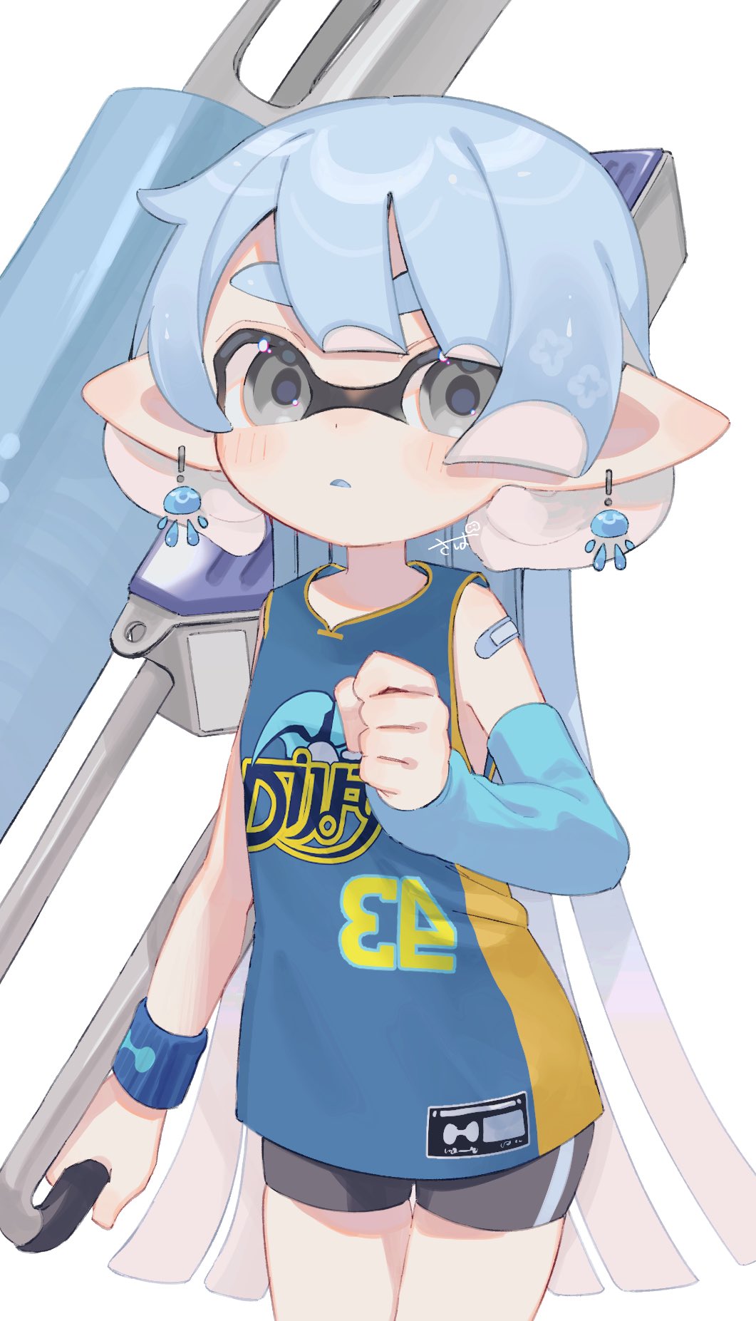 1girl arm_warmers armband bandaid bandaid_on_shoulder bare_shoulders bike_shorts black_shorts blue_arm_warmers blue_armband blue_hair blue_tongue blush clenched_hand colored_tongue cowboy_shot dot_nose earrings flingza_roller_(splatoon) grey_eyes highres holding holding_weapon inkling inkling_girl inkling_player_character jersey jewelry long_hair looking_at_viewer nintendo open_mouth pointy_ears sabata_saba shorts signature single_arm_warmer skindentation solo splatoon_(series) sweatband tentacle_hair very_long_hair weapon white_background