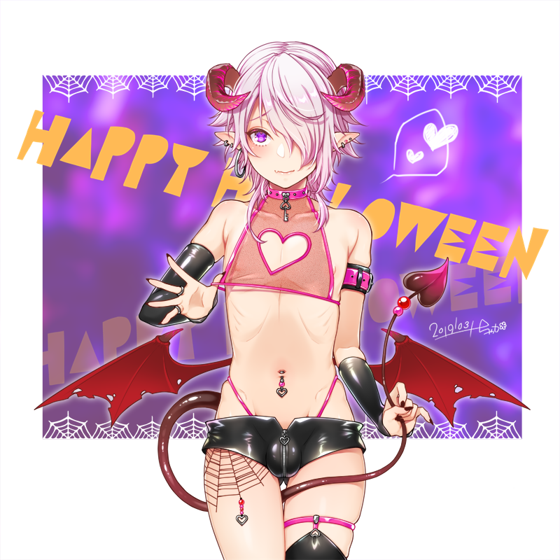 1boy arm_warmers armlet armpit_crease bat_wings bead_tail_ornament between_legs black_arm_warmers black_nails black_thighhighs blush border bulge chaka0w0 choker cleavage_cutout closed_mouth clothing_cutout crop_top crotch_zipper dated demon_boy demon_horns demon_tail ear_piercing earrings fang gluteal_fold groin hair_over_one_eye halloween hand_up happy_halloween heart heart_cutout hip_bones holding_own_tail hoop_earrings horns jewelry key key_necklace leather_shorts letterboxed looking_at_viewer low_wings multiple_earrings nail_polish navel navel_piercing necklace nipple_slip nipples one_eye_covered original outside_border pectoral_cleavage pectorals piercing pink_choker pink_shirt pointy_ears purple_background purple_eyes raised_eyebrows red_wings ribs ring see-through_clothes see-through_shirt shirt short_hair short_shorts shorts signature silk single_earring single_thighhigh sleeveless sleeveless_shirt smile spider_web spider_web_print spoken_heart stud_earrings tail tail_between_legs thigh_strap thighhighs thighs torn_wings trap white_border white_hair wings wolf_cut zipper_pull_tab