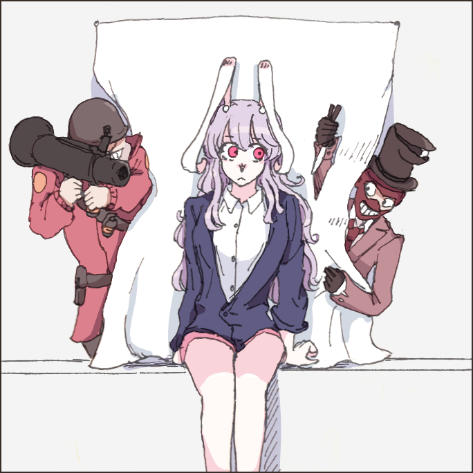 1girl 2boys :&lt; aiming animal_ears arm_up arms_behind_back balisong bare_legs behind_cover black_gloves black_headwear black_pants blazer blue_jacket buttons clenched_hand collar collared_shirt covered_eyes cowboy_shot explosive eye_contact feet_out_of_frame formal_clothes ghostly_gibus gloves grenade grey_headwear grin gun hat headhonchkrow helmet holding holding_gun holding_knife holding_weapon jacket knife light_purple_hair long_hair long_sleeves looking_at_another looking_to_the_side miniskirt moon_rabbit multiple_boys necktie pants partially_unbuttoned pink_skirt purple_hair rabbit_ears rabbit_girl red_eyes red_headwear red_jacket red_necktie red_soldier_(tf2) red_spy_(tf2) reisen_udongein_inaba rocket_launcher shirt shoulder_strap sidelocks simple_background sitting skirt smile soldier_(tf2) spy_(tf2) strap suit suit_jacket team_fortress_2 top_hat touhou upper_body wavy_hair weapon weapon_on_back white_background white_collar white_shirt